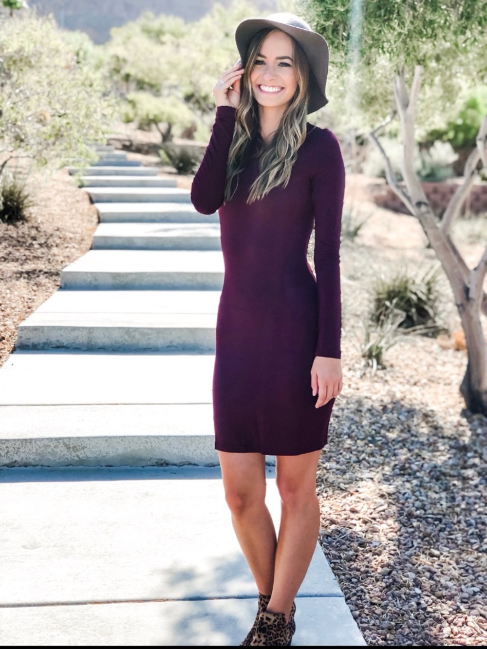 Women's Long-Sleeve Bodycon Dress in Deep Plum